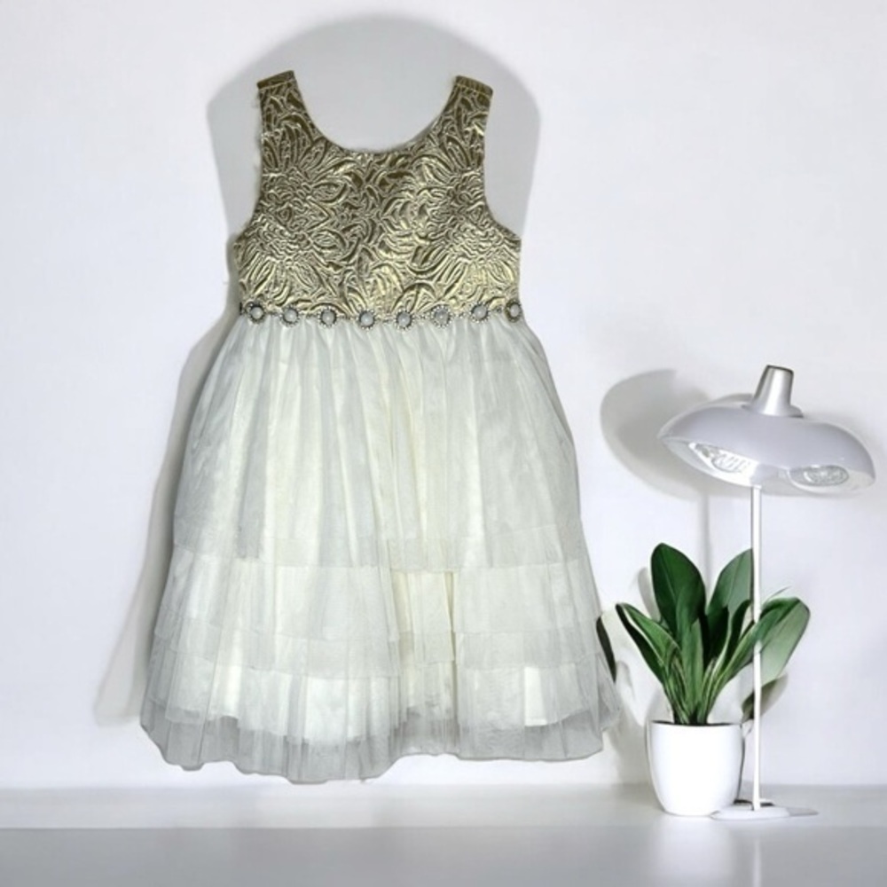 American Princess Gold White Studded Tulle Holiday Dress Girls 5